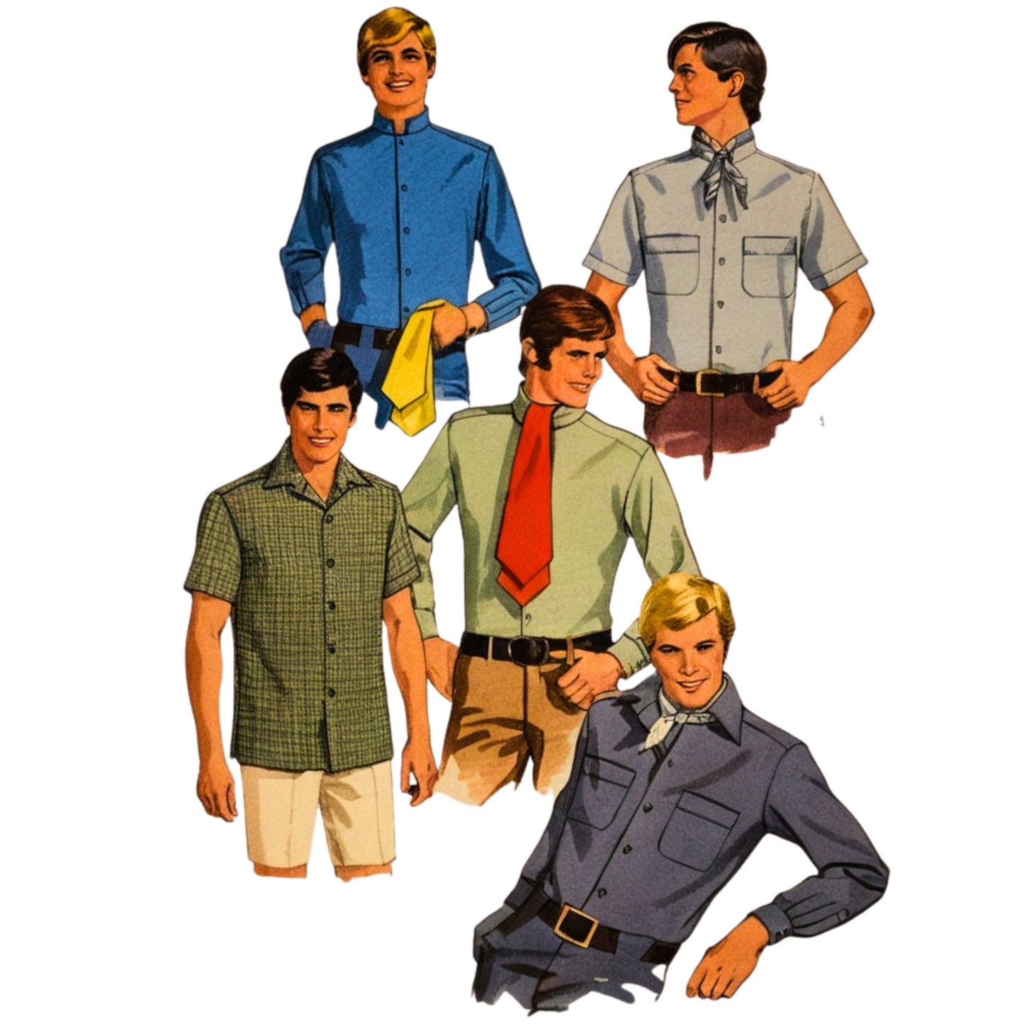 Illustration of five men wearing different shirts and ties on a white background