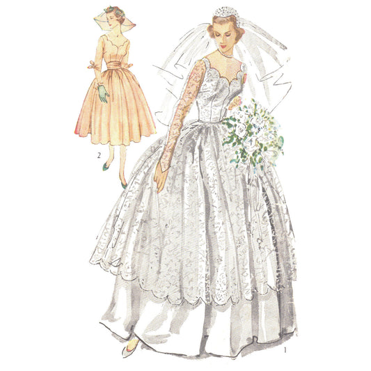 Model wearing bridal gown and bridesmaid dress made from Simplicity 8425 pattern