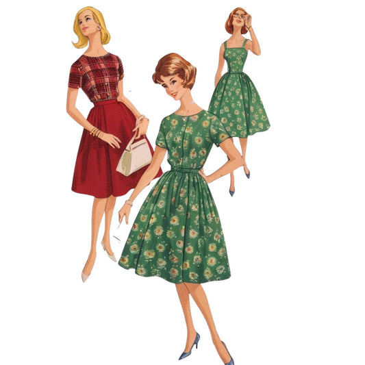 Three vintage-style women wearing dresses on a white background