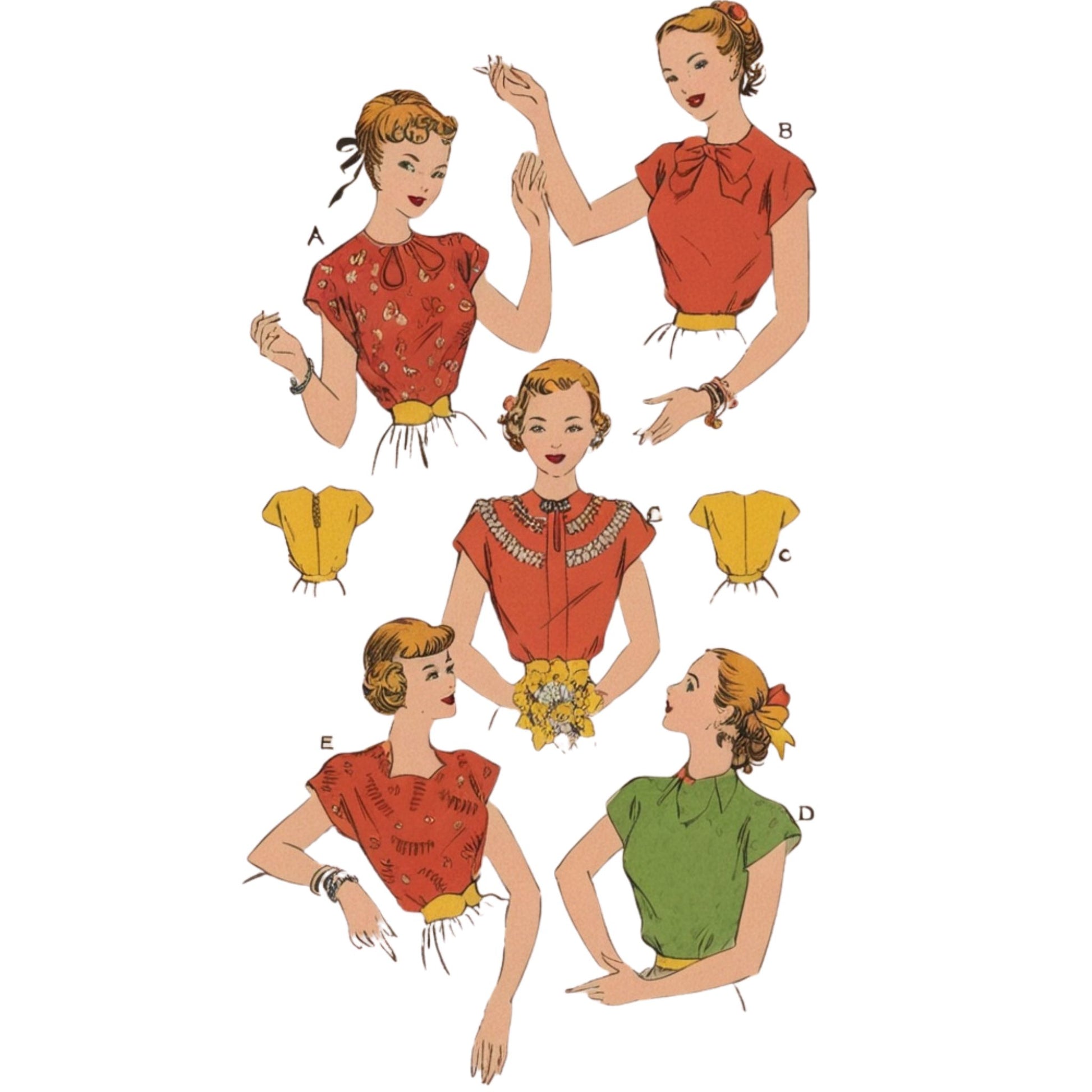 Vintage-style illustration of a woman with different clothing options on a white background