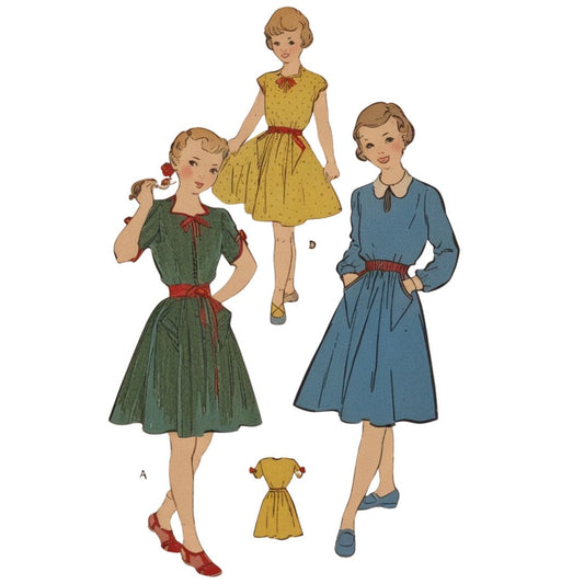 Vintage-style dress patterns with three women wearing different colored dresses on a white background.