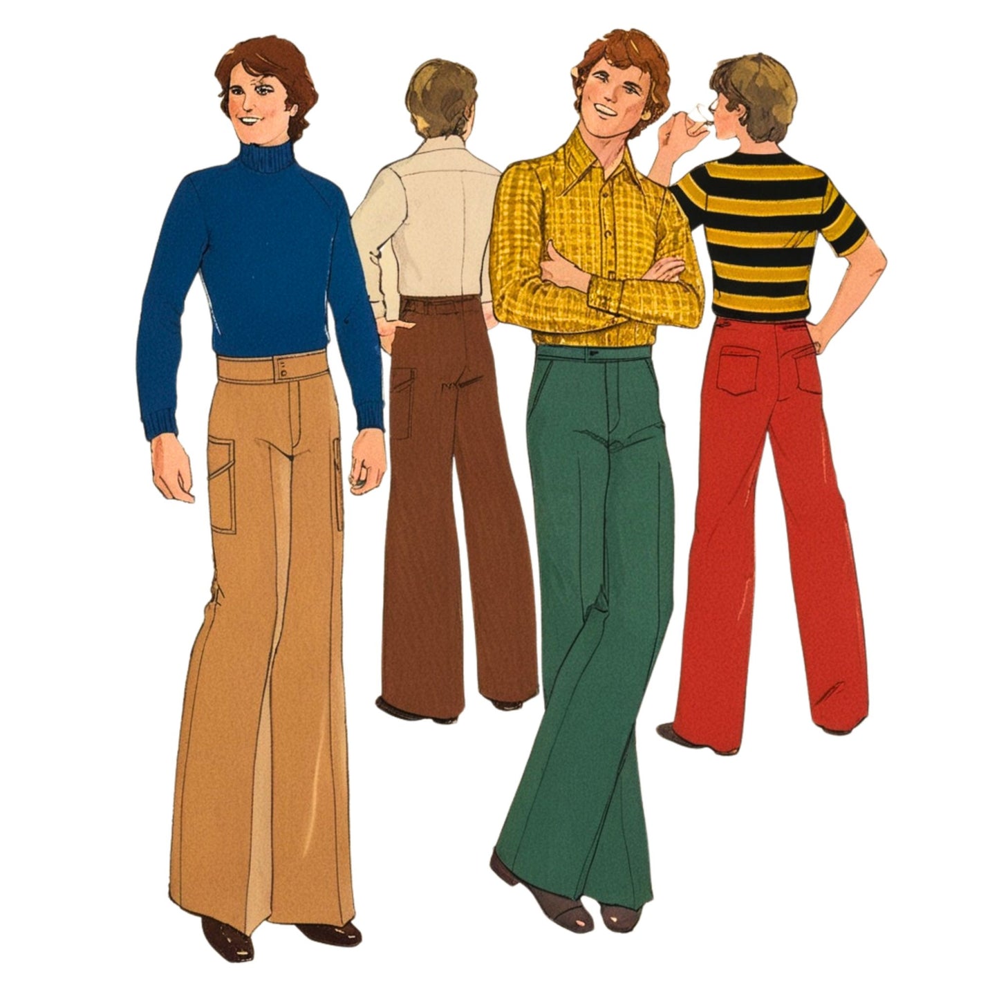 Illustration of four people wearing colorful bell-bottom pants from different angles.