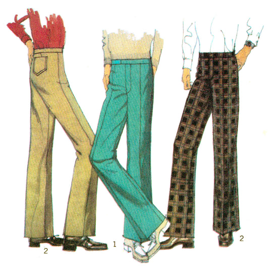 Models wearing flared trousers made from sewing pattern Style 3745