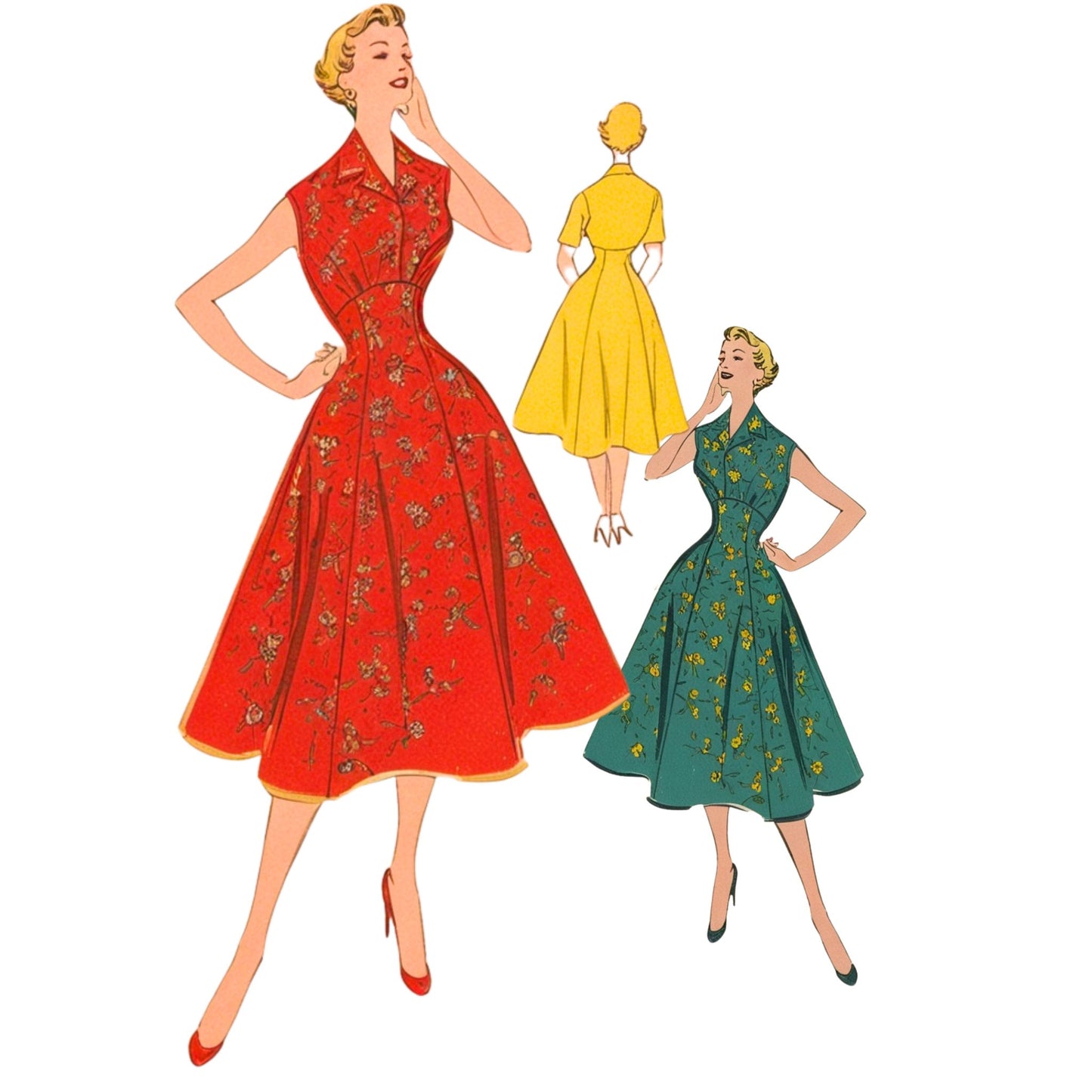 Illustrations of women wearing vintage dresses in red, yellow, and green on a white background.