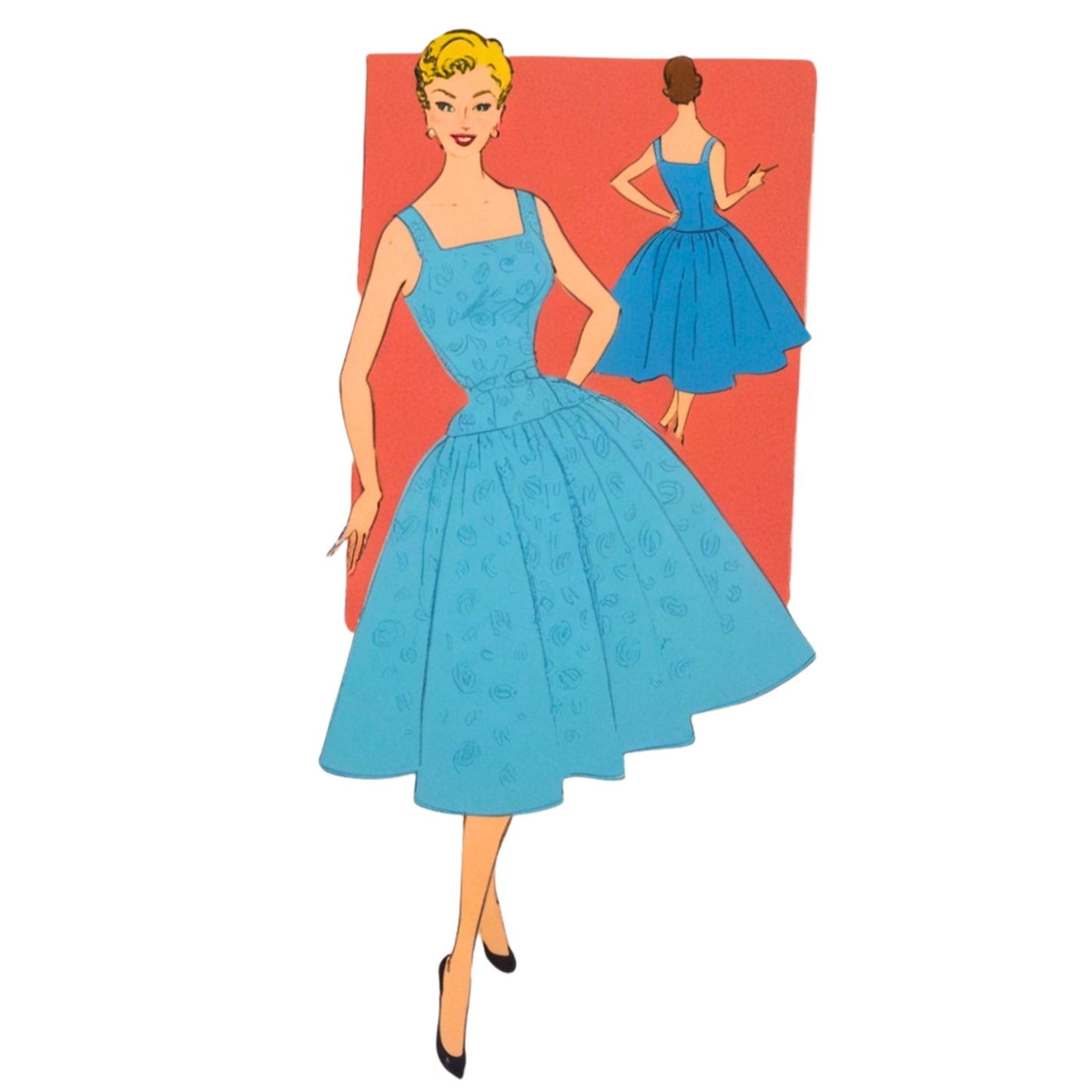 Illustration of a woman wearing a blue dress with a red background