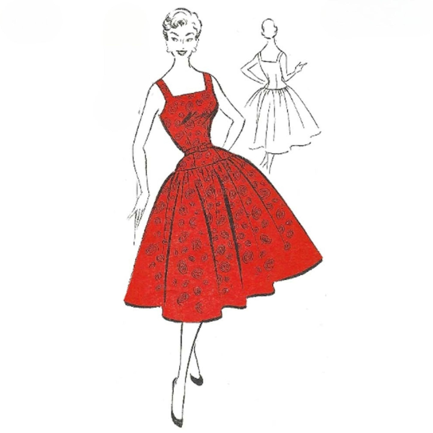 PDF - 1950'ernes mønster: Monroe stil kjole, firkantet halsudskæring - Buste 36" (92cm) - Print hjemme med det samme