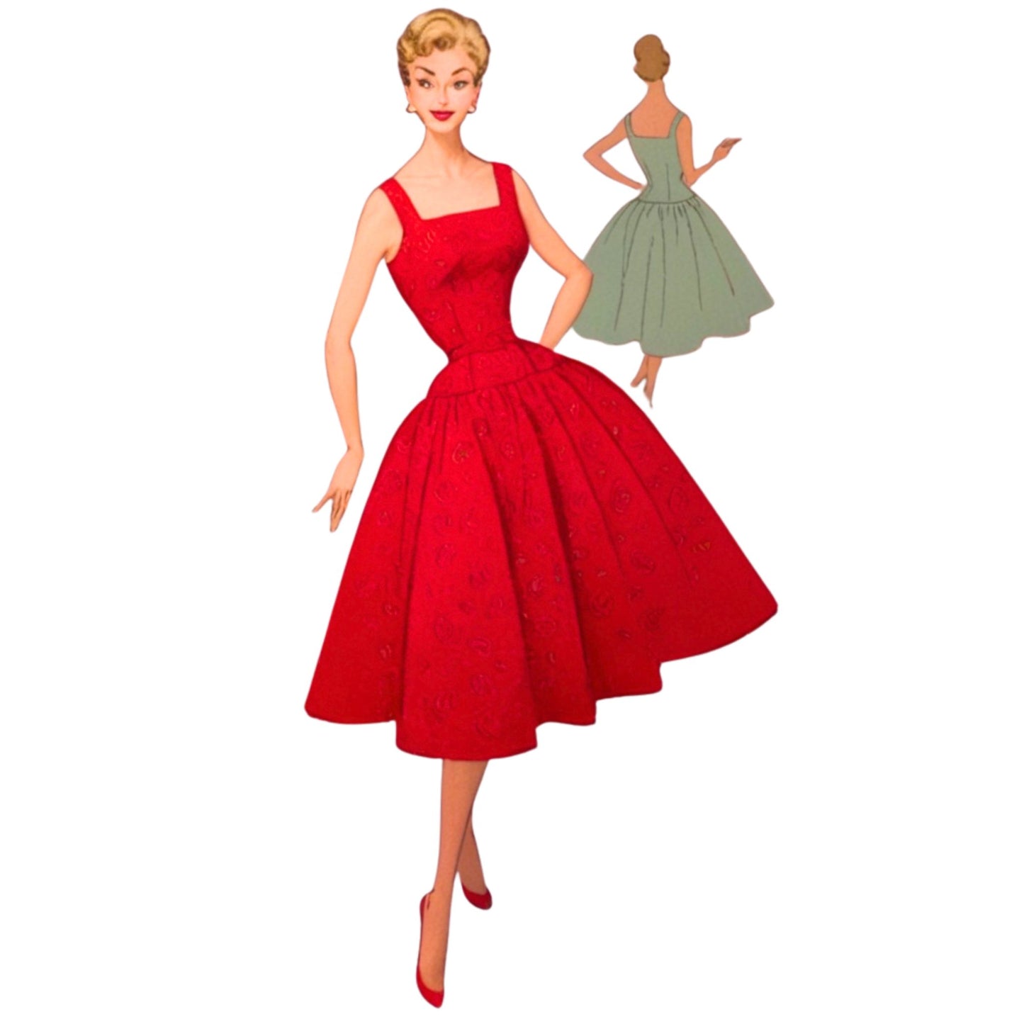 Illustration of a woman in a red dress with a smaller inset of a green dress.