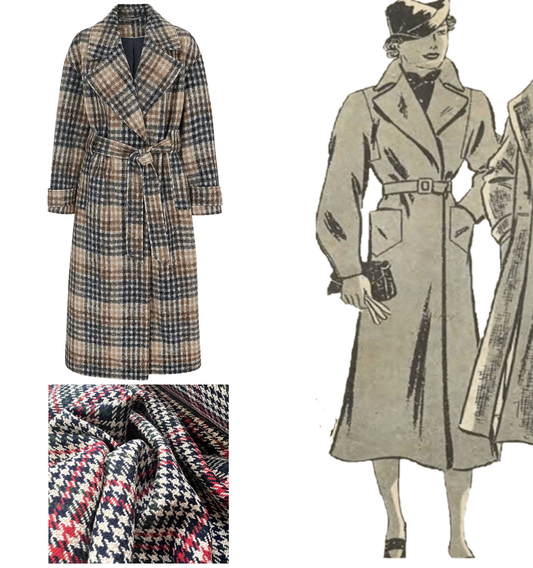 Image of tweed trnch coat, suggested fabric and illustration of woman in 1930s trench coat