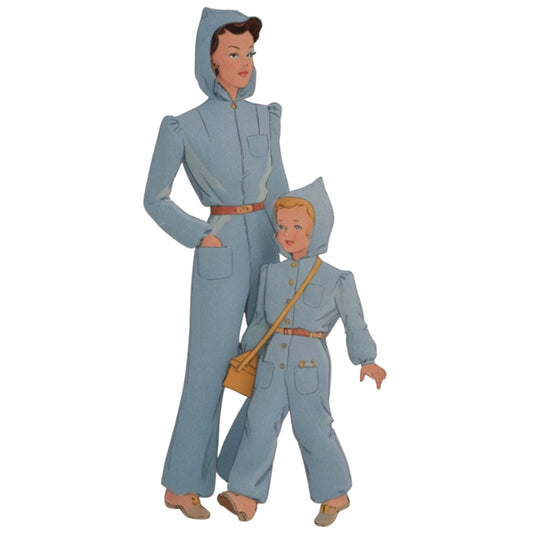 Two figures wearing matching blue jumpsuits on a white background