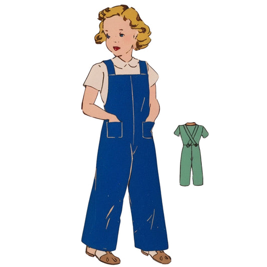 Illustration of a person wearing blue overalls with a smaller green outfit on a white background