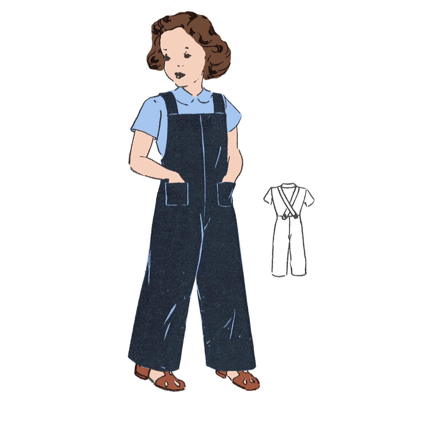 Vintage sewing pattern for children's overalls.  The pattern shows two views: wide-legged overalls with patch pockets and a simpler, cross-strap overall design. Both are black and white line drawings on a white background. The pattern is suitable for creating comfortable and stylish children's clothing.