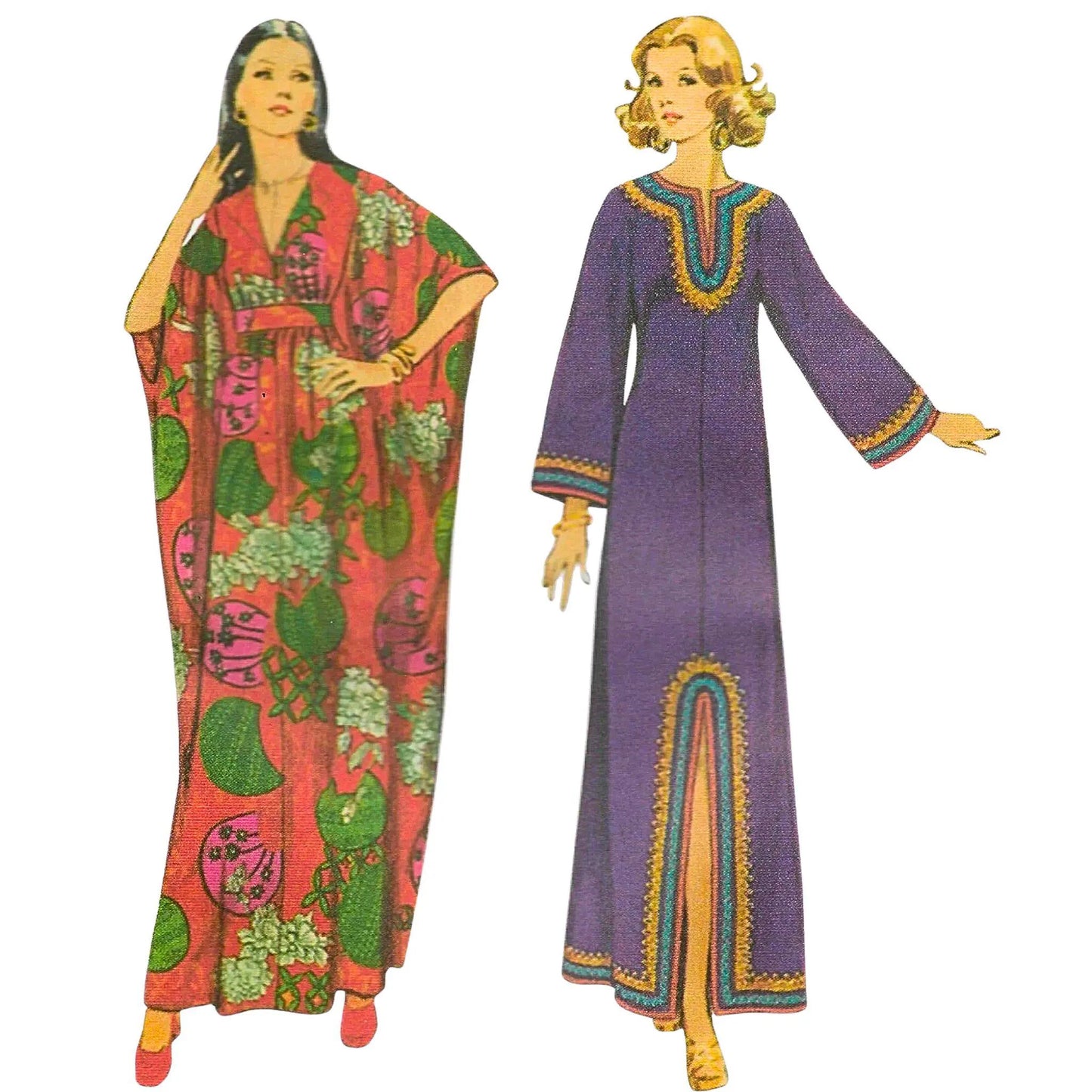 Model wearing 1970s caftans made from Simplicity 8505 pattern.
