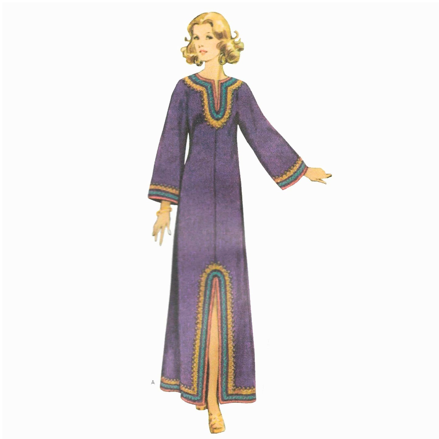 Model wearing 1970s caftans made from Simplicity 8505 pattern