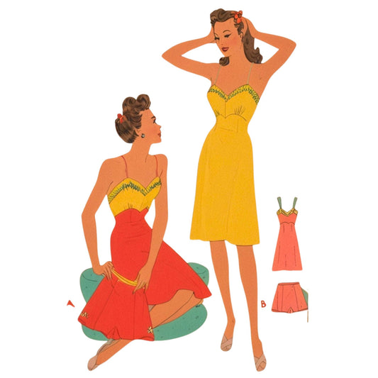 Vintage-style illustration of a woman wearing a yellow and red dress with a smaller inset showing the dress details.