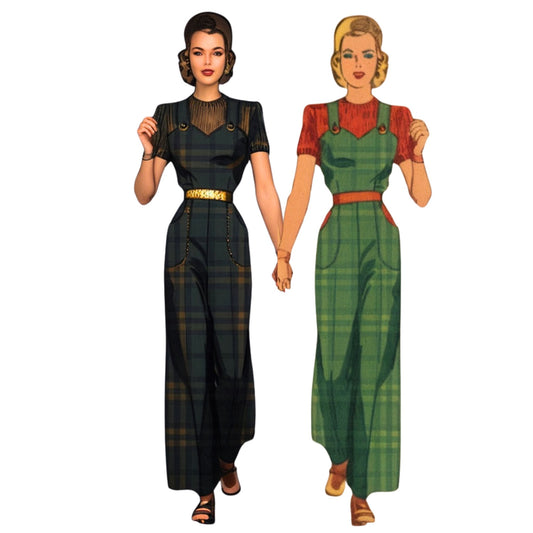 Two women wearing plaid dresses on a white background
