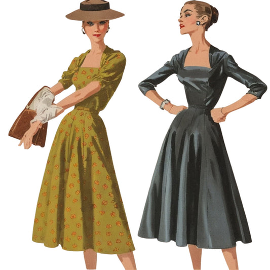 Two women in vintage dresses with a white background
