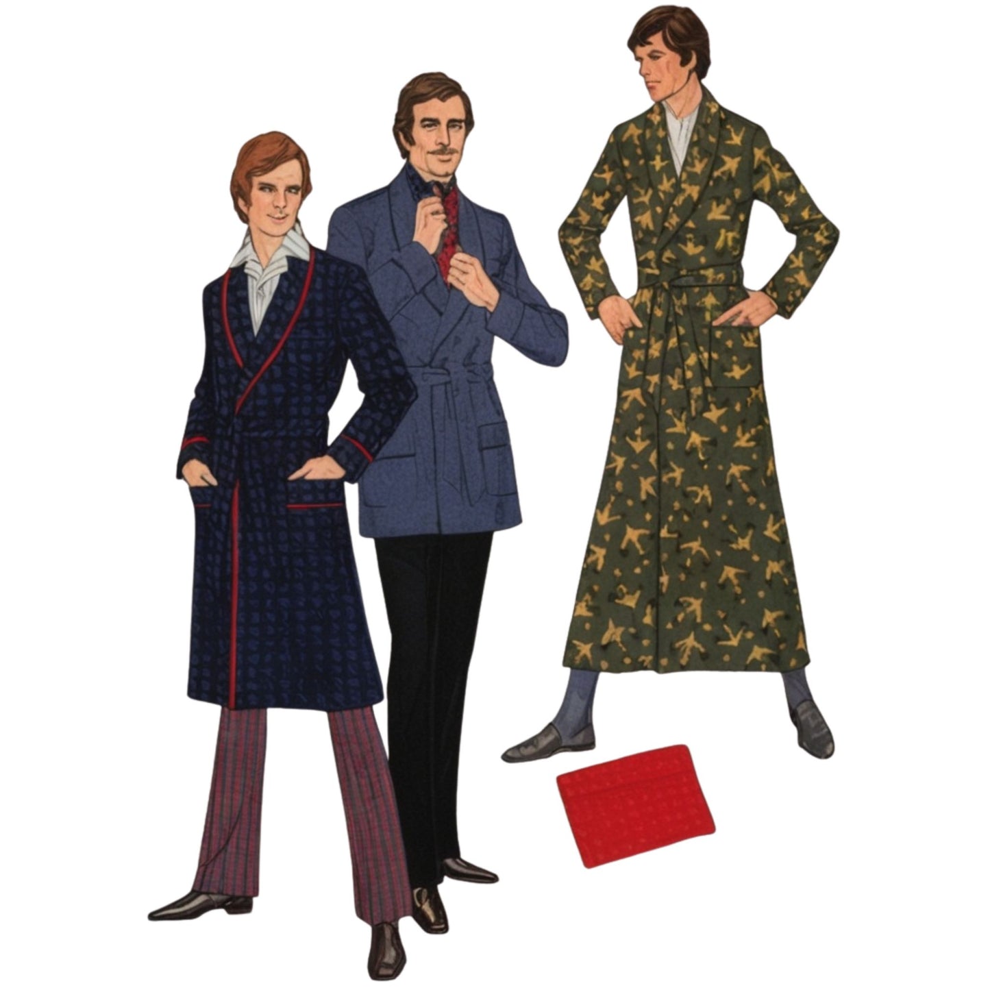 Three men wearing vintage-style coats with a red square in the foreground on a white background.