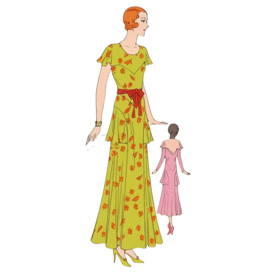 Illustration of a woman wearing a green dress with orange floral patterns and a red belt.