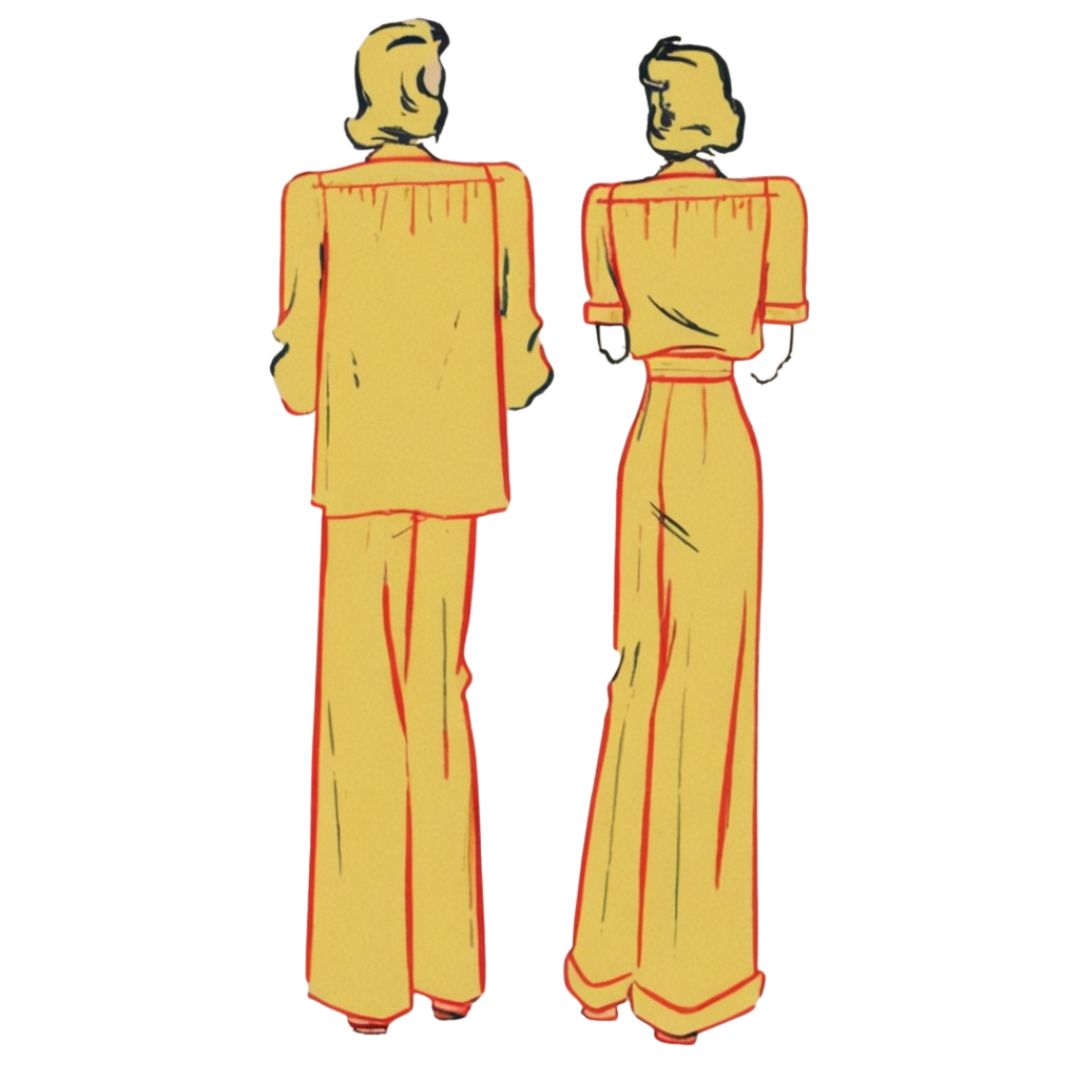 Yellow outfit with red trim on a white background