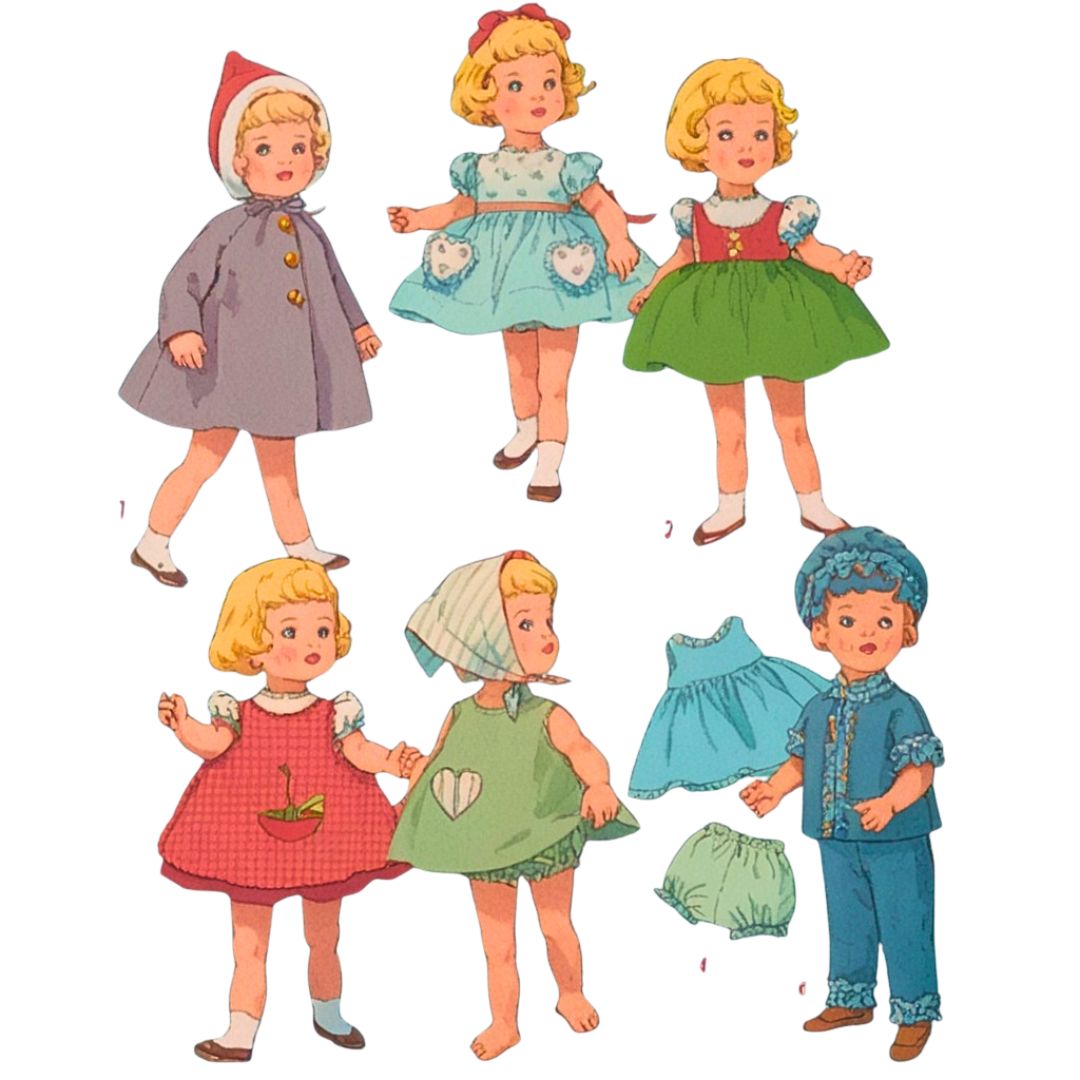 Set of vintage todlers with clothing on a white background