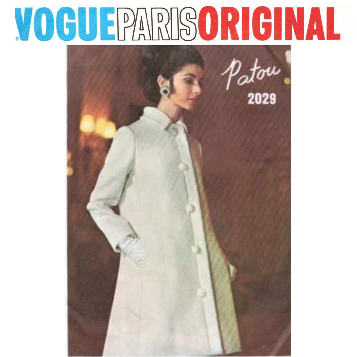 Vintage fashion advertisement featuring a woman in a long coat with 'Vogue Paris Original' branding.