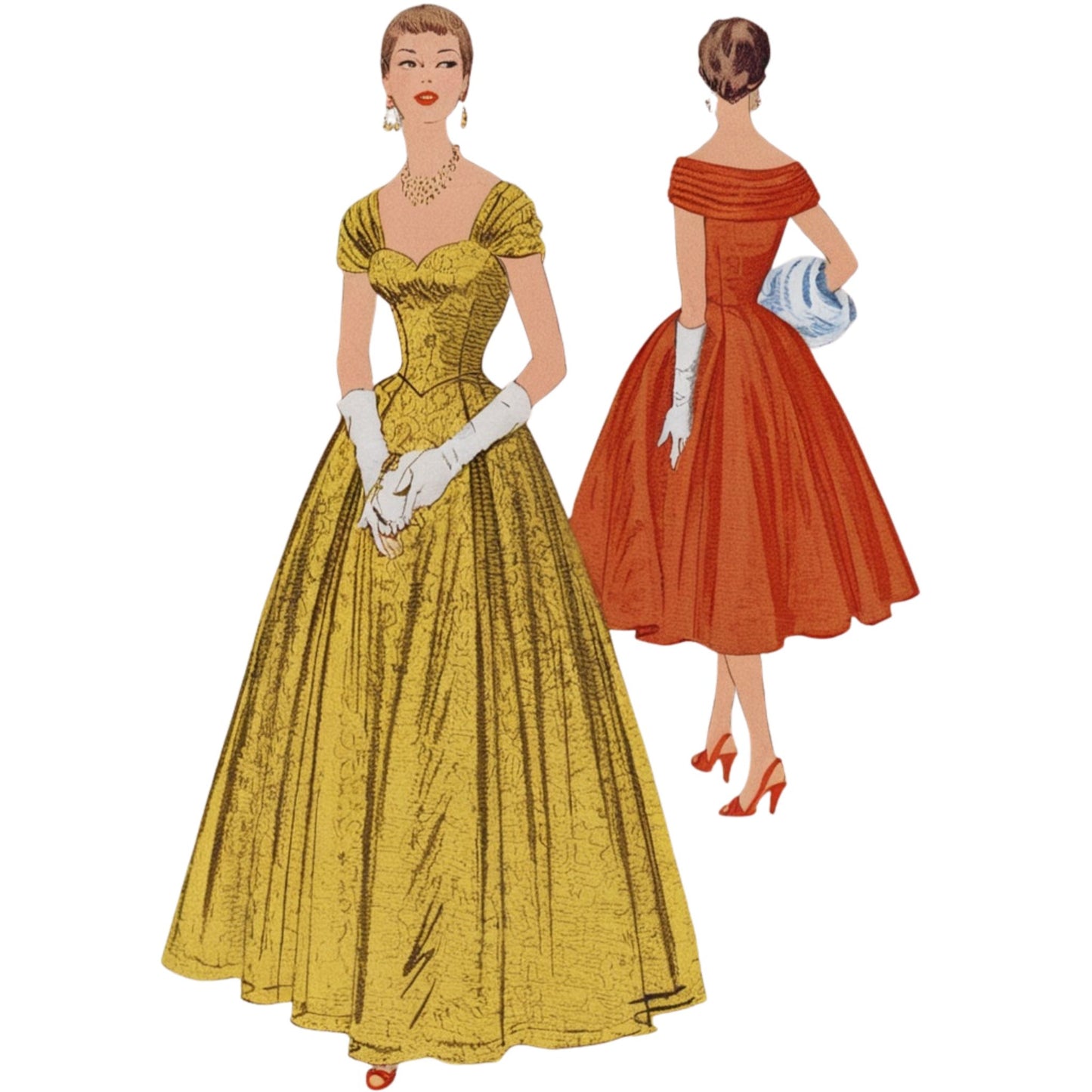 Two vintage-style dresses, one yellow and one red, worn by illustrated figures on a white background.
