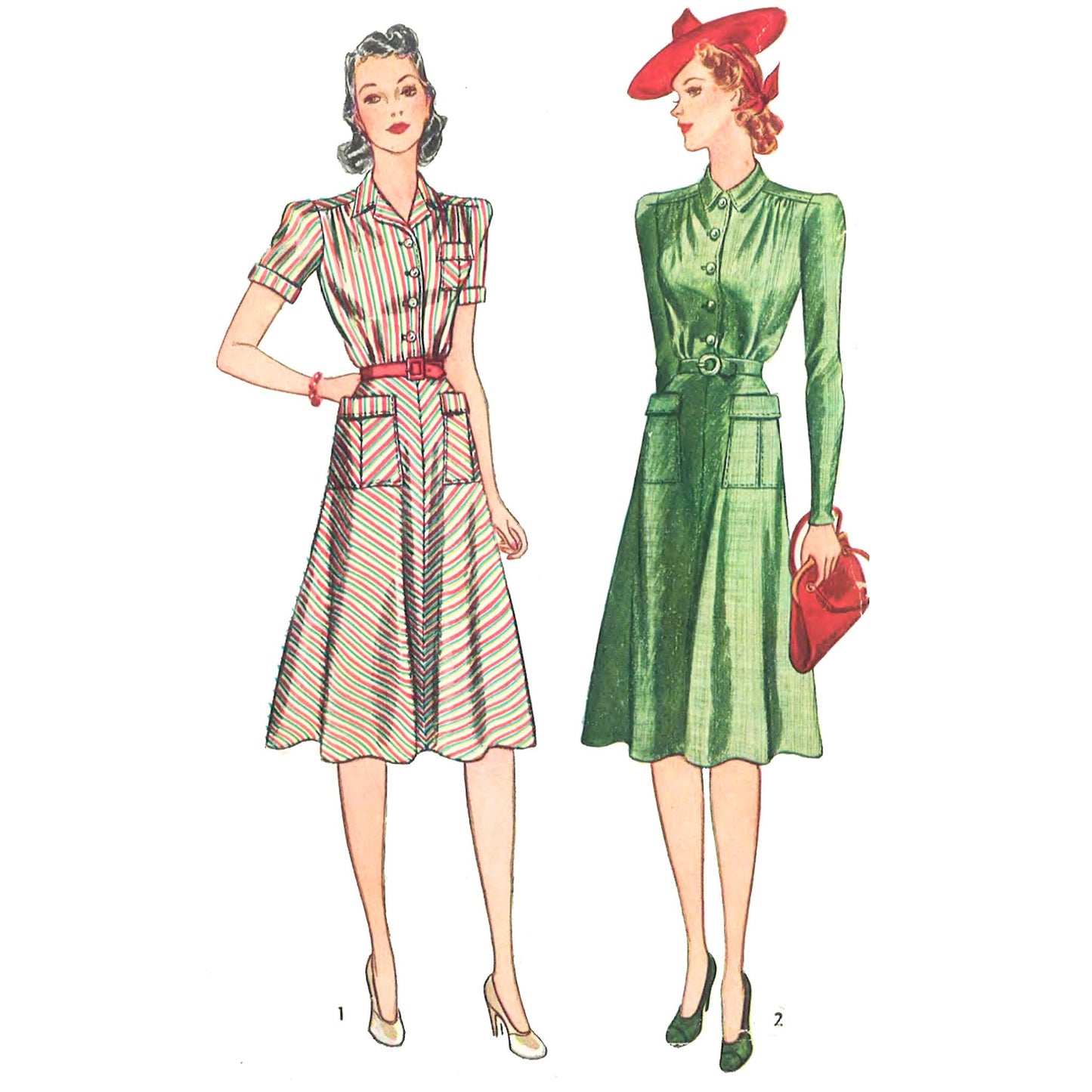 Two vintage-style dresses worn by illustrated women on a white background