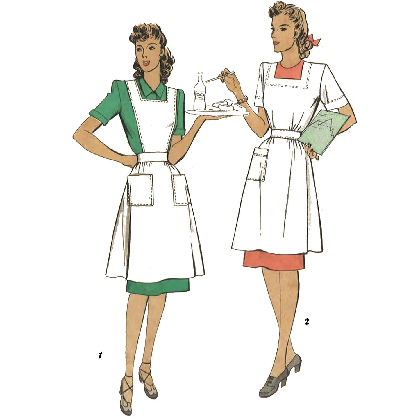 Two women wearing aprons with a white background