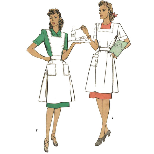 Two women wearing aprons with a white background