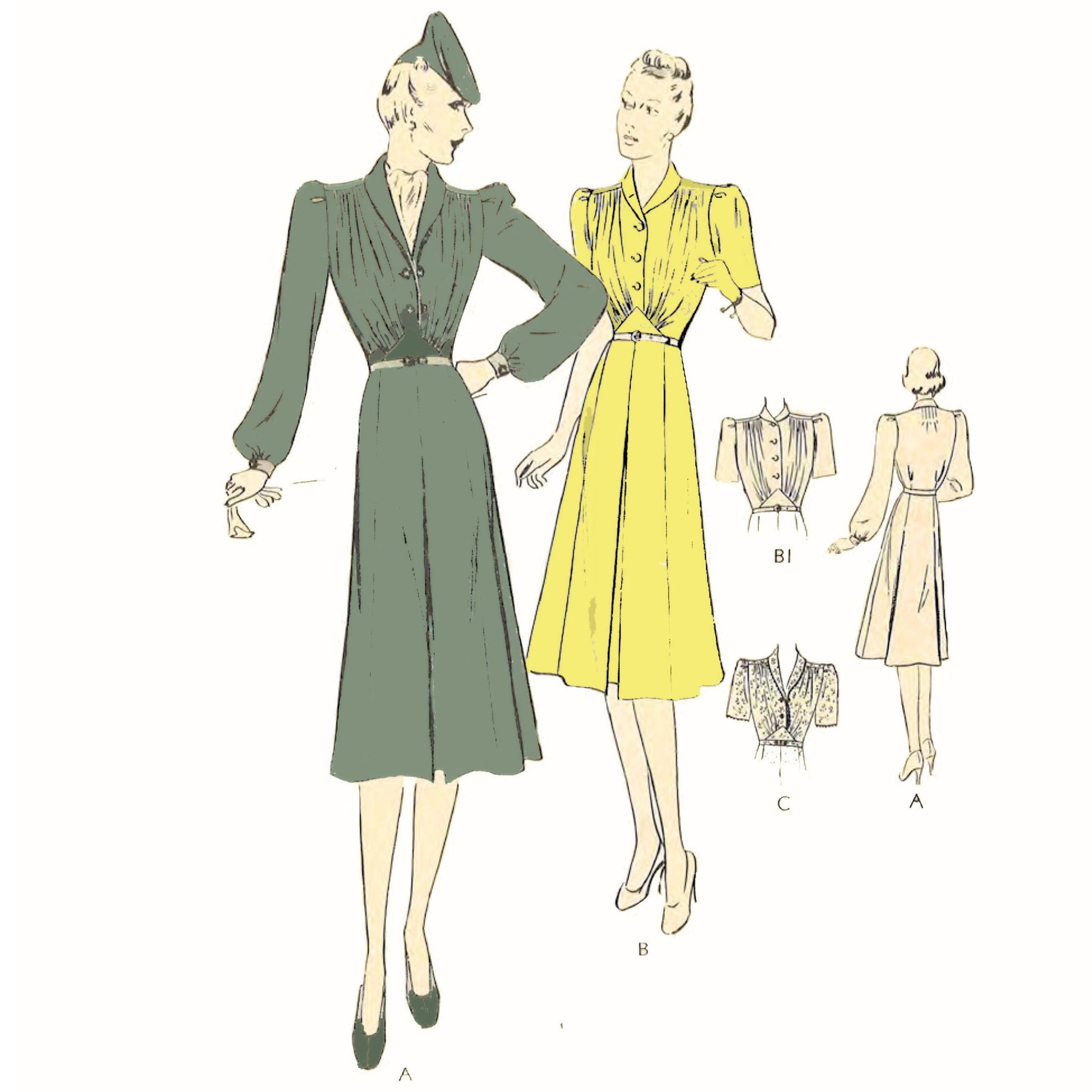 Vintage fashion illustration with two women wearing dresses and a mannequin, on a white background.