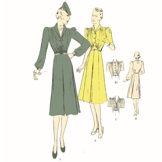 Vintage fashion illustration with two women wearing dresses and a mannequin, on a white background.