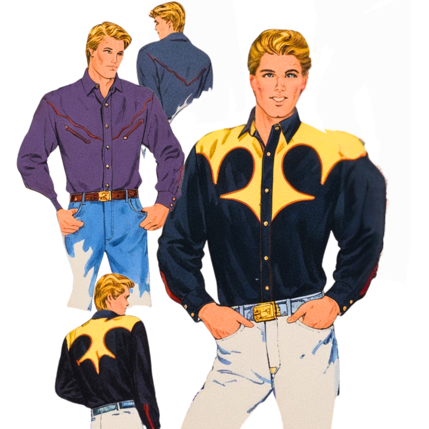 Men wearing Western-style shirts from a vintage sewing pattern