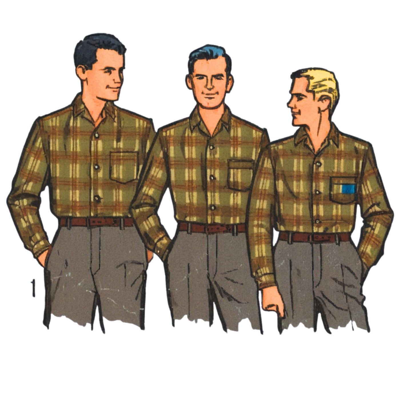 Three men of each wearing a tall, average and short men wearing the same shirt.