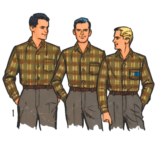 Three men of each wearing a tall, average and short men wearing the same shirt.
