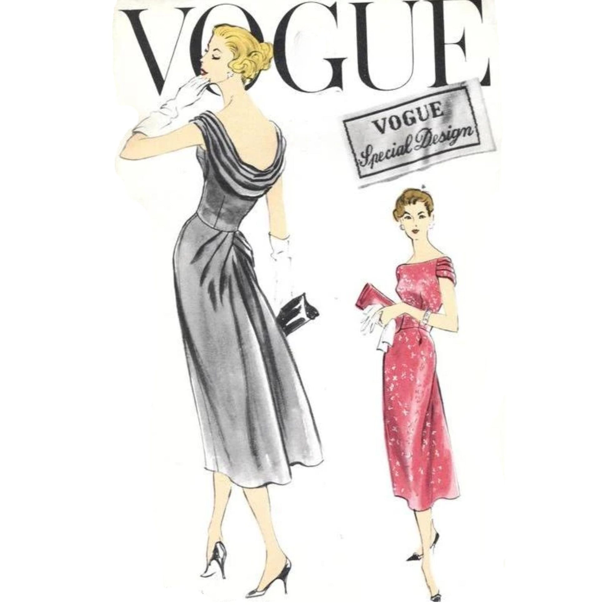 Vogue magazine cover with two women in dresses on a white background