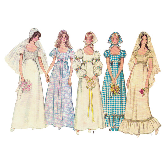 Five vintage-style wedding dresses on a white background