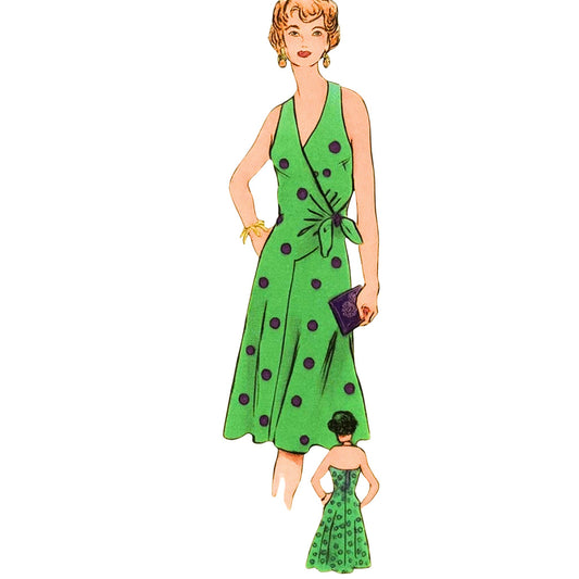 Illustration of a woman wearing a green dress with black polka dots on a white background