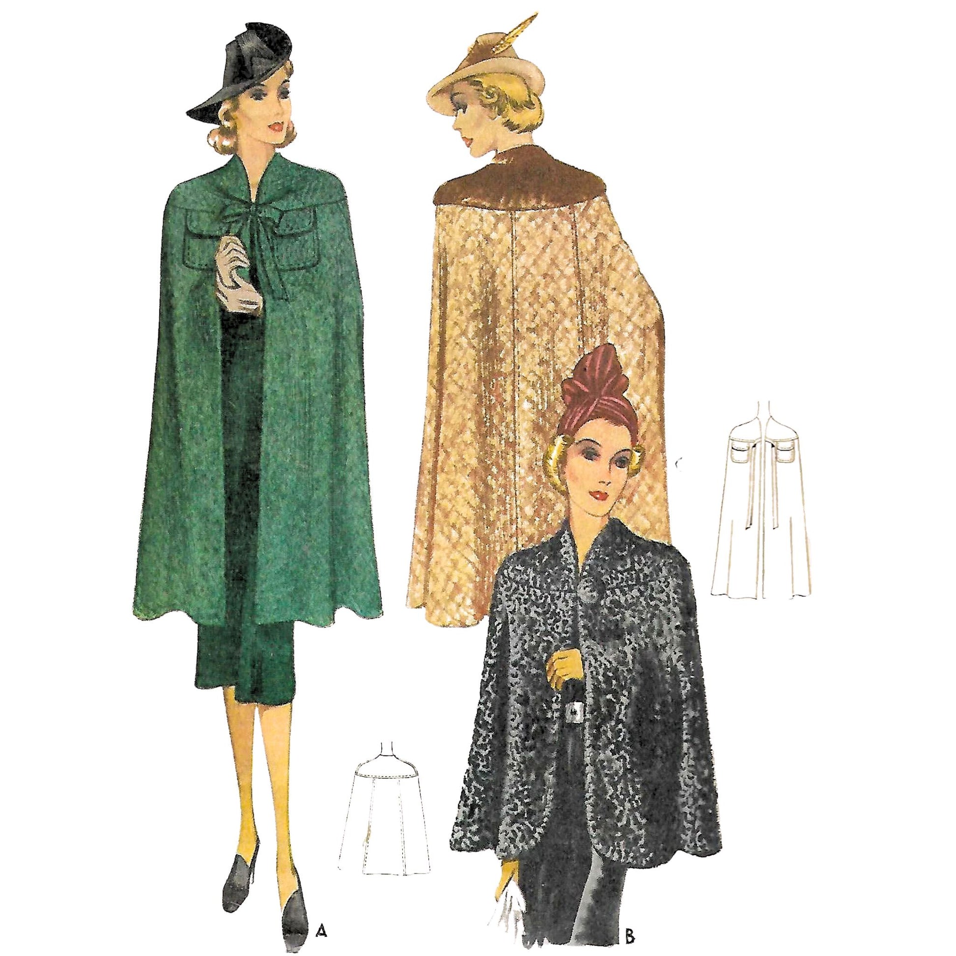 A 1930s vintage pattern illustration of cape coats in various lengths.