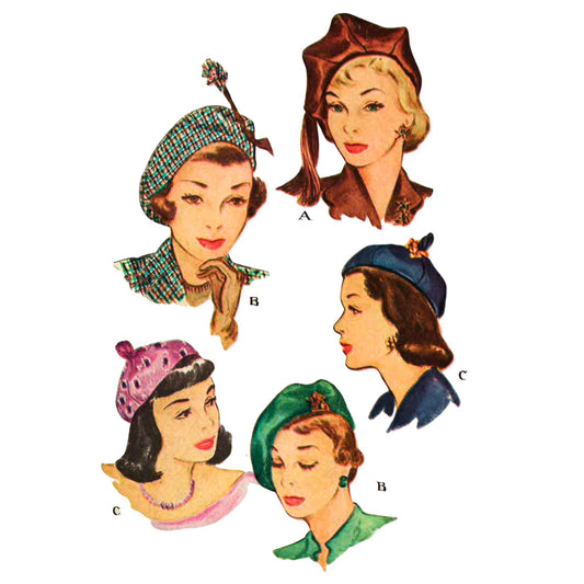 Illustrations of women wearing vintage-style hats on a white background