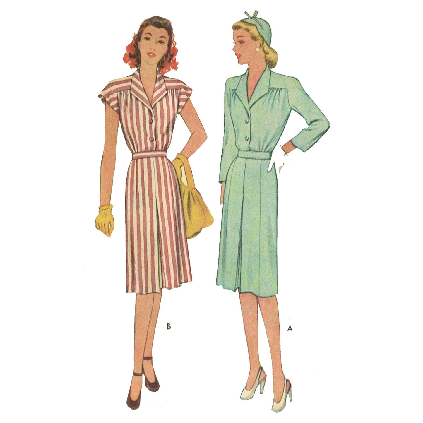 Two vintage-style women wearing dresses with a plain white background