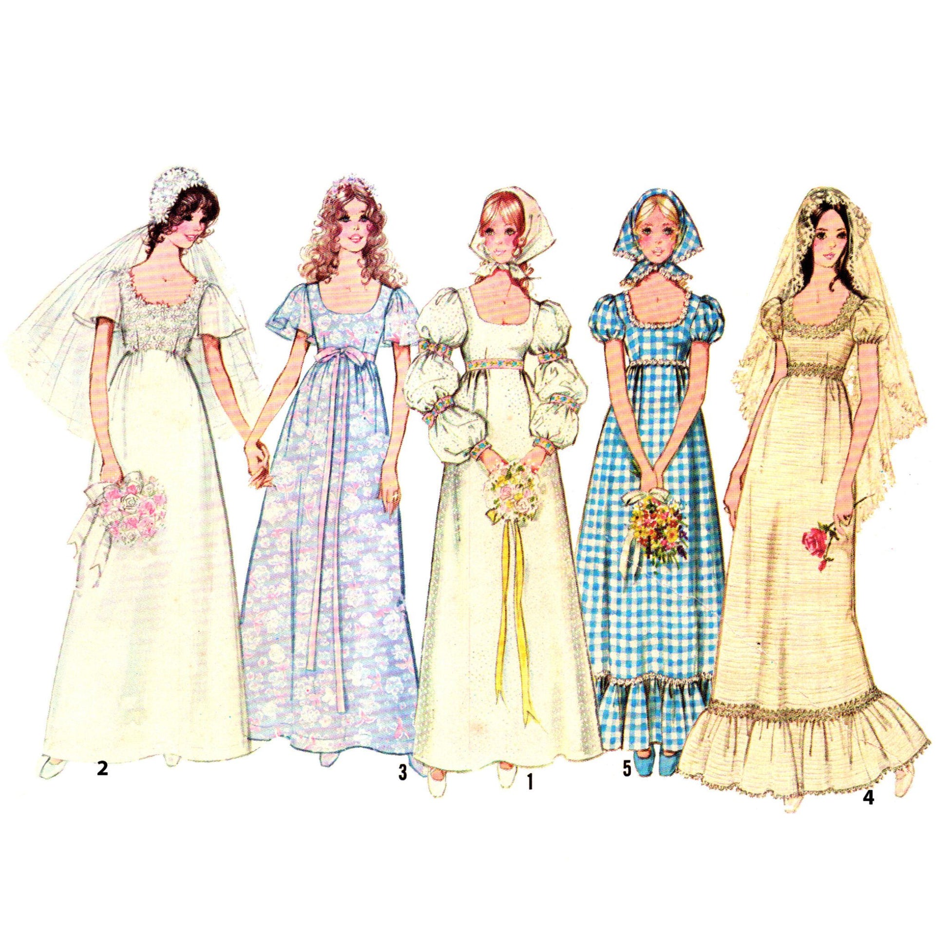 Five vintage-style wedding dresses on a white background