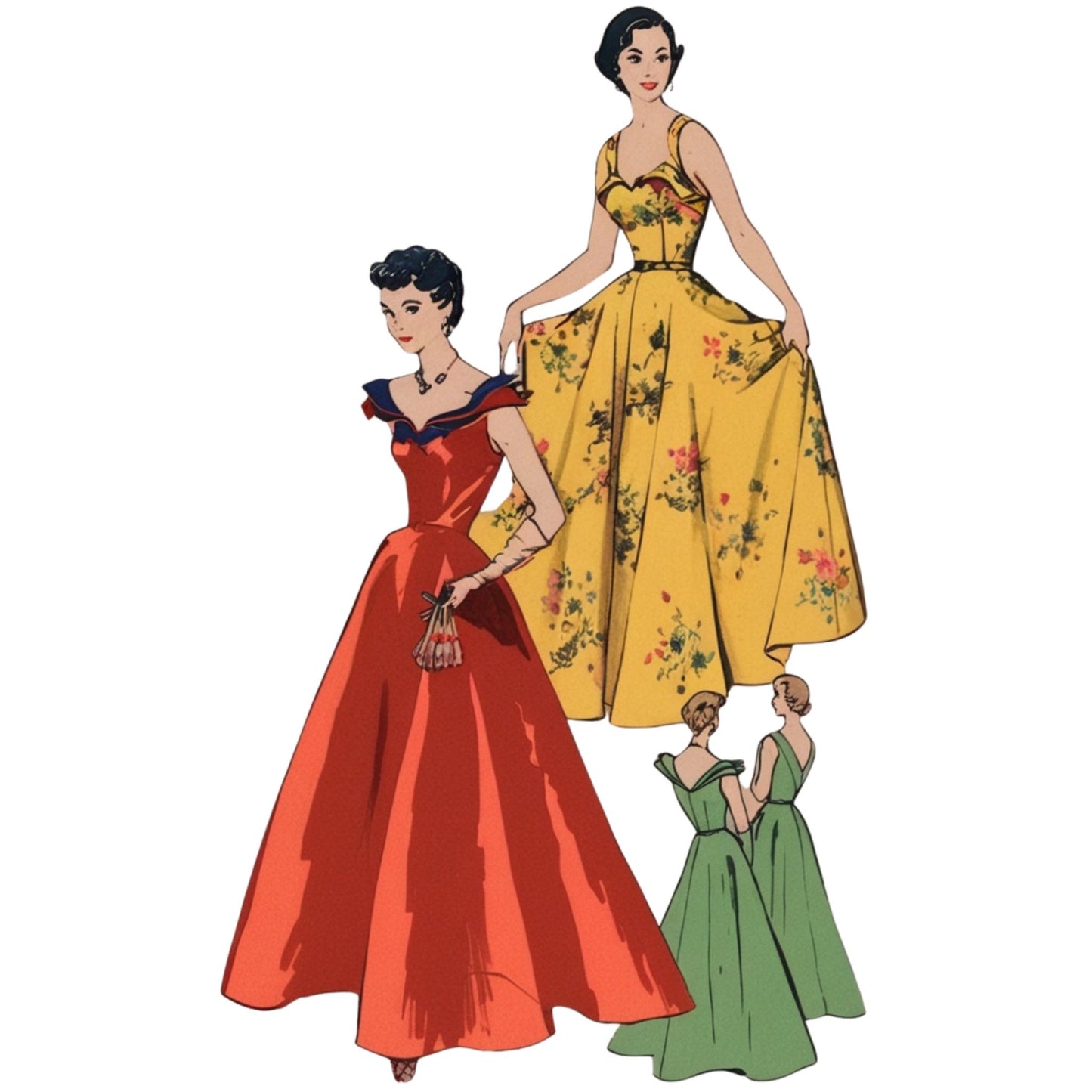 Illustrations of three women in vintage dresses on a white background