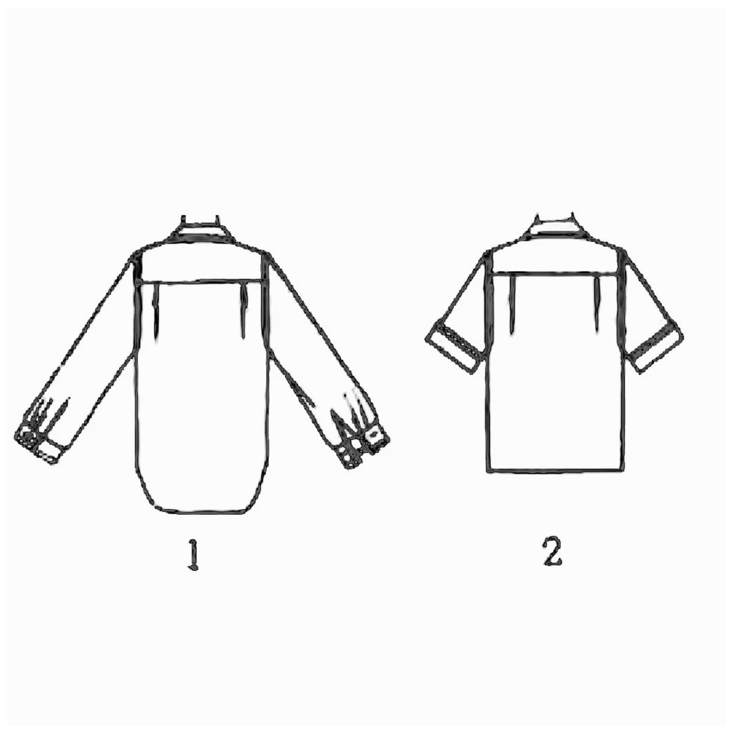 Line drawing of a shirt with long sleeves and a shirt with short sleeves. The shirt with long sleeves has a button-down collar and the shirt with short sleeves has a fold-down collar.
