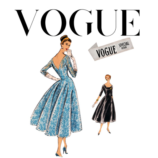 Vogue Special Design sewing pattern cover illustration featuring a woman in a blue floral long-sleeve dress and another in a black dress, with the large Vogue logo at the top on a white background.