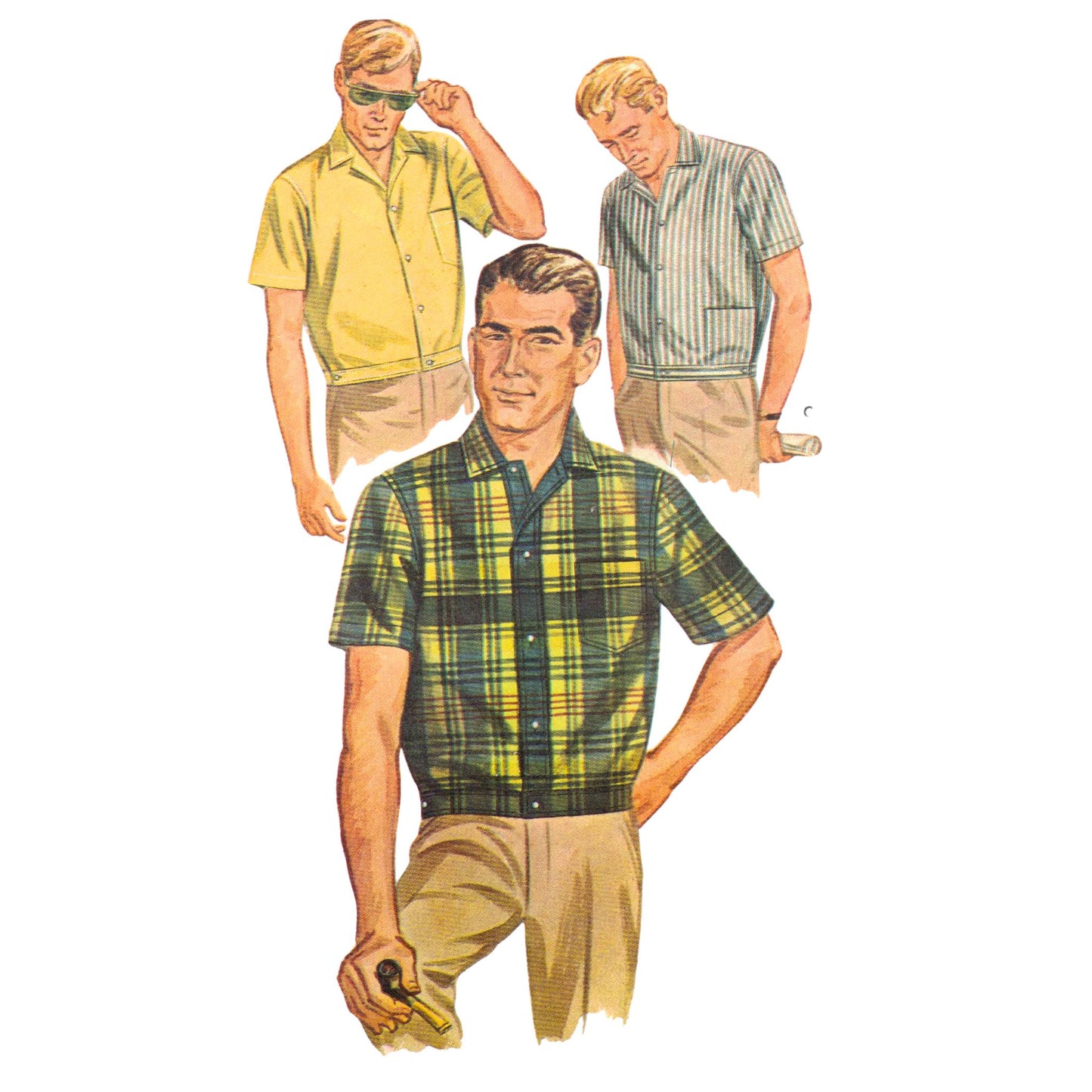 Vintage image of a man wearing a plaid shirt with two other men in different shirts and shorts.