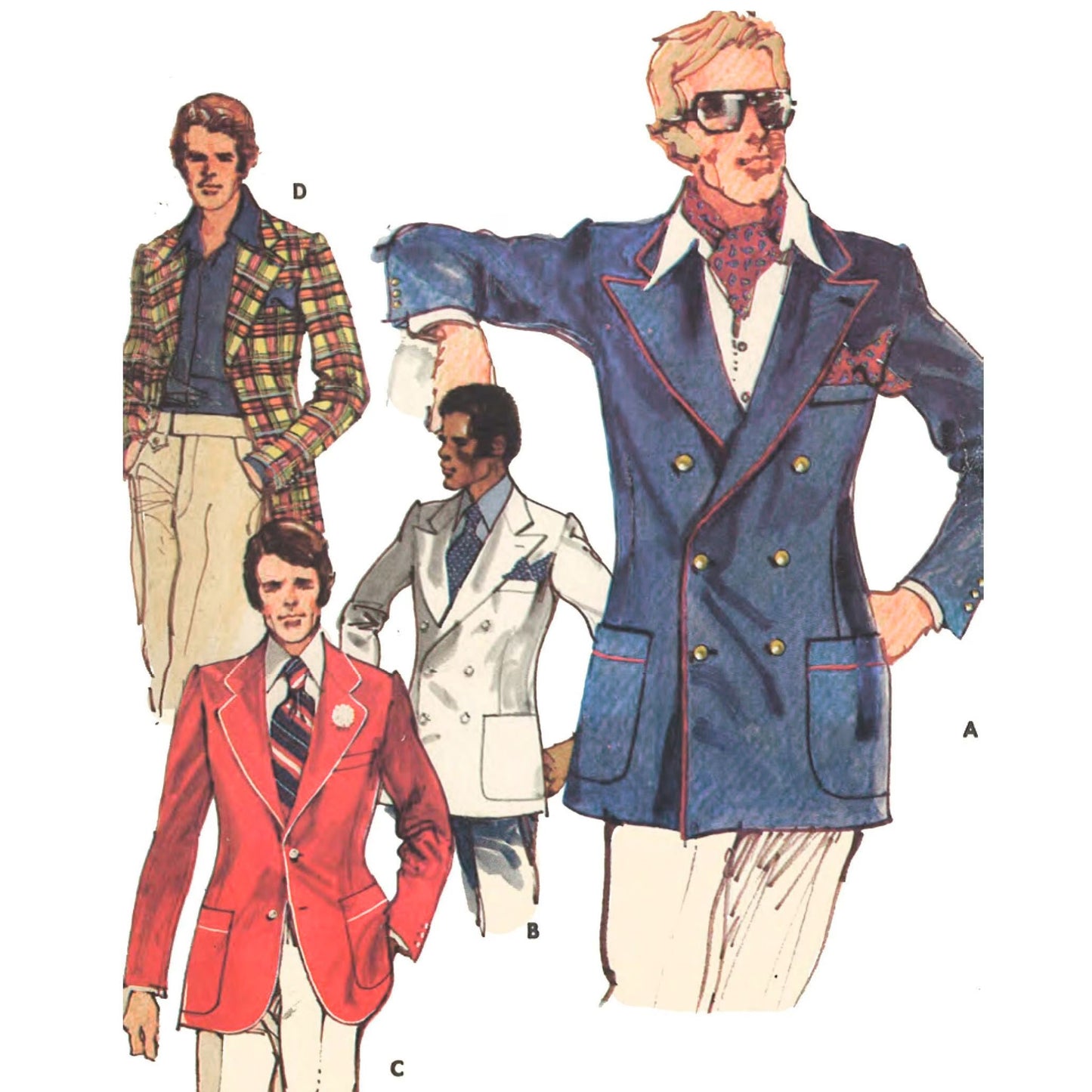 Illustrations of men's blazers in various colors and styles on a white background