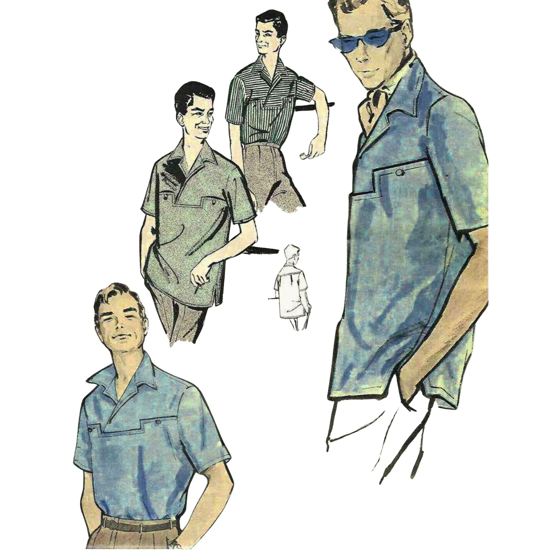 Vintage fashion illustration of men wearing short-sleeve shirts and pants.
