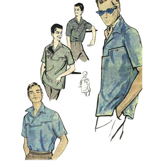 Vintage fashion illustration of men wearing short-sleeve shirts and pants.