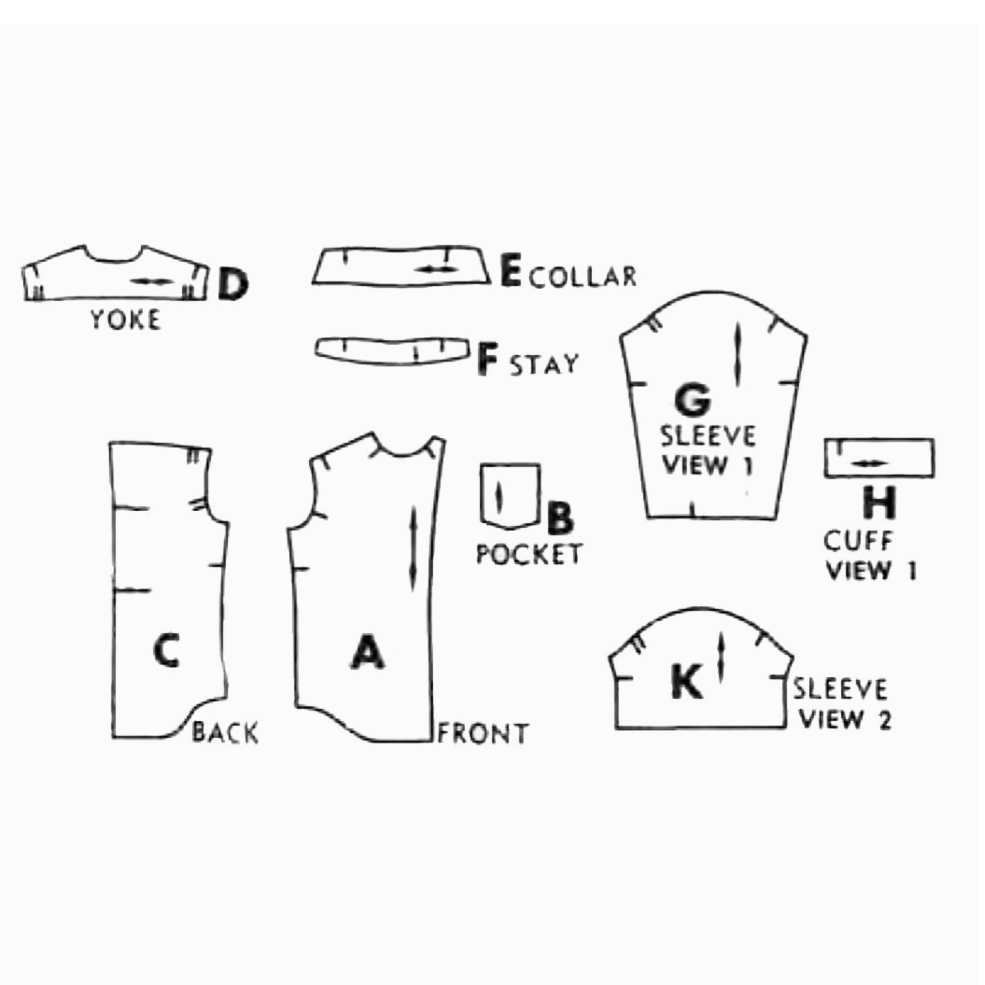 A sewing pattern for a shirt with a collar, pocket, and long sleeves. The pattern includes pieces for the front, back, yoke, collar, sleeve, and cuff.