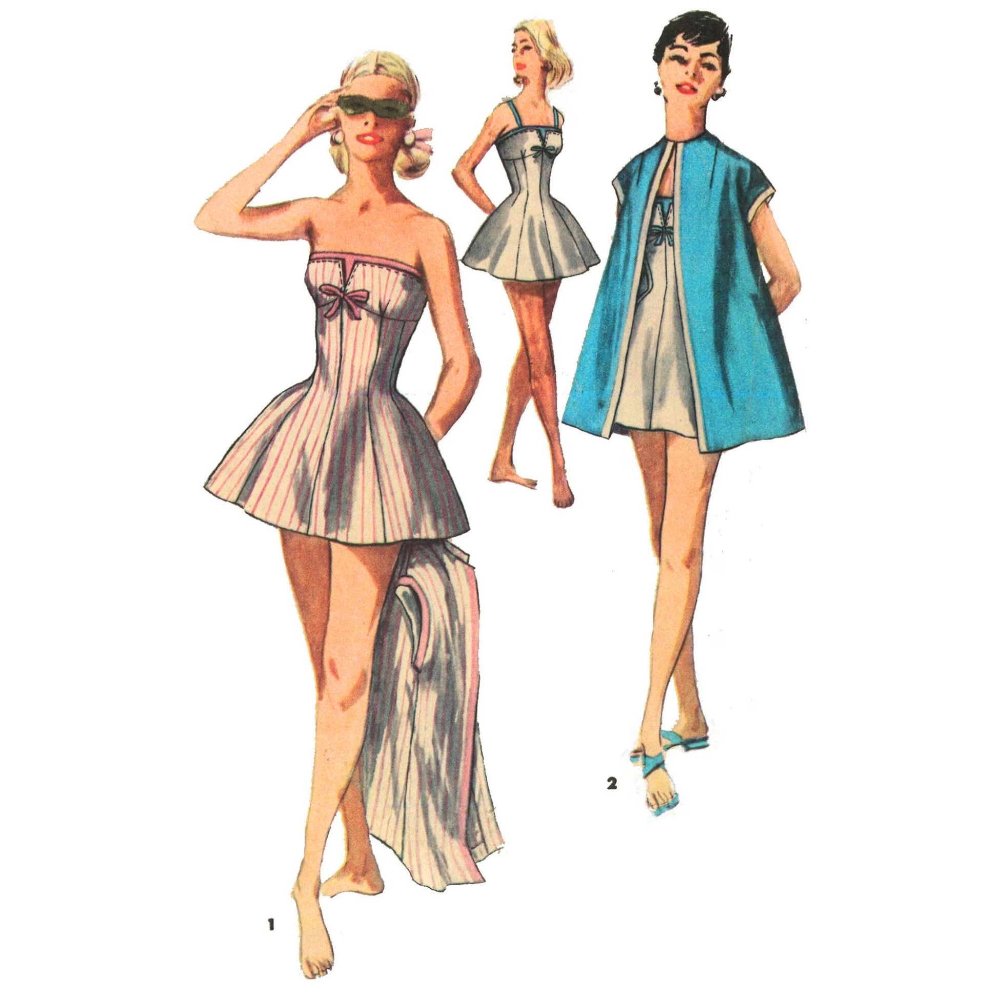 A vintage illustration featuring three women in retro swimwear. The first woman is in a strapless, striped swimsuit with a bow. The second woman wears a white swimsuit with blue straps. The third woman is in a white swimsuit with a blue jacket.